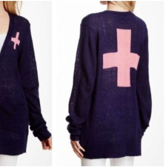 Wildfox Sweater White Label Cross Love Saves Cardigan Women's Size M Navy Pink - Picture 2 of 9